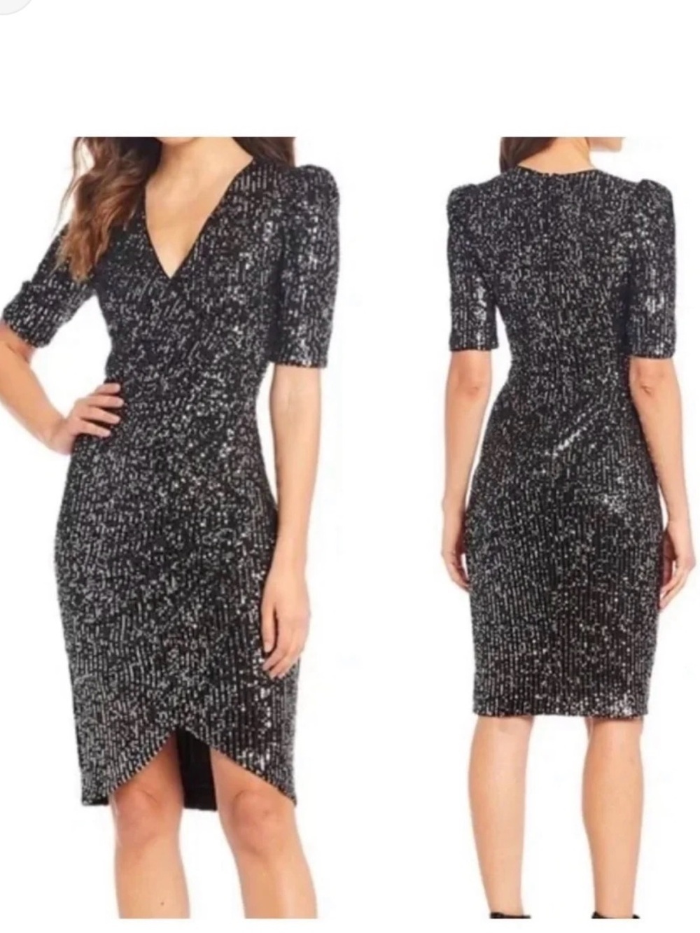 ✅ Calvin Klein Black fully Sequin Side Ruched Dress short sleeve size 4
